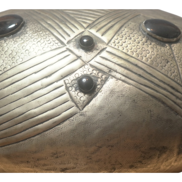 Vintage Brass Silver‑Plated Etched Vase 14” Black Cabochons Mid-Century India - Picture 8 of 14